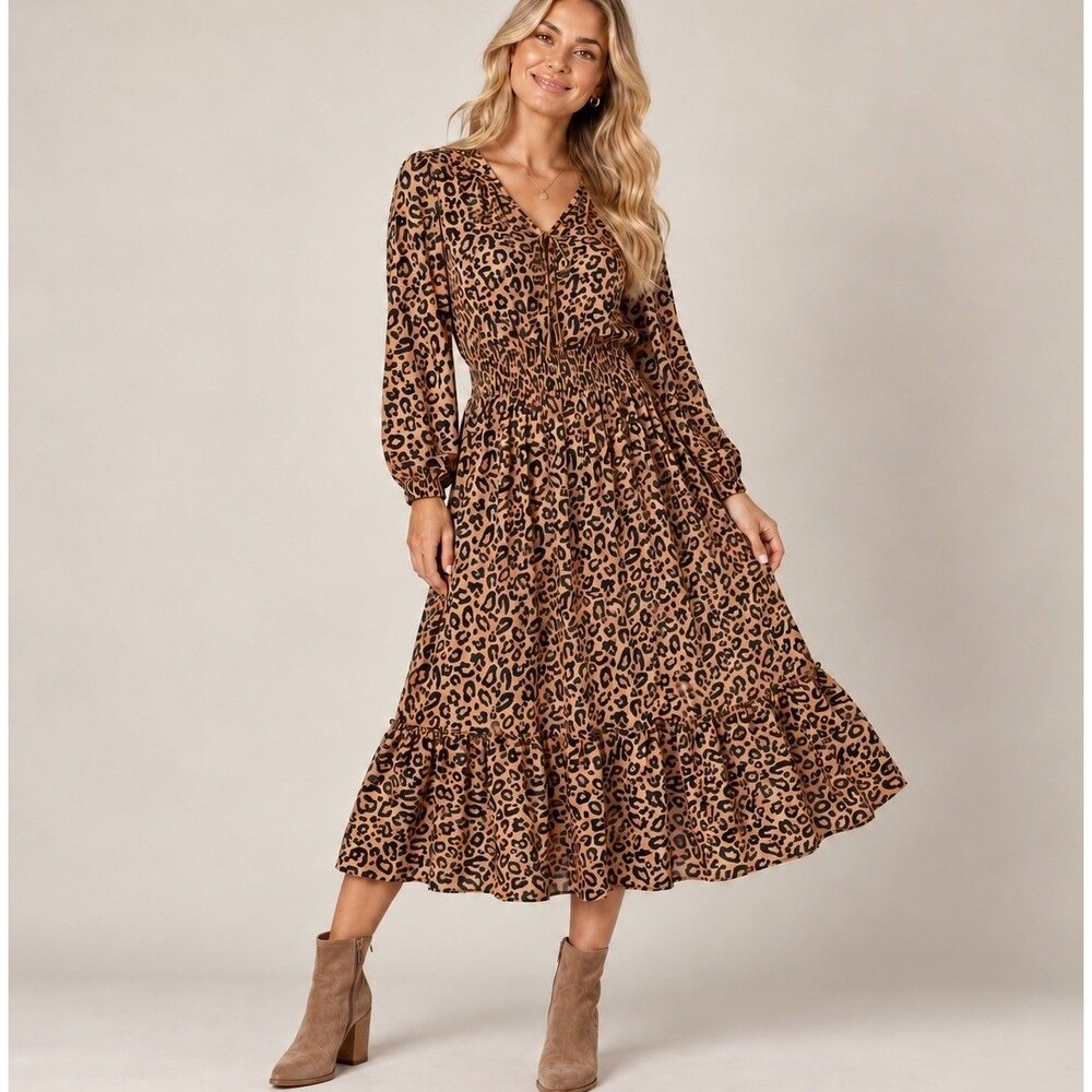 Tucker Silk Leopard Print Midi Dress Womens M Long Sleeve Smocked Waist